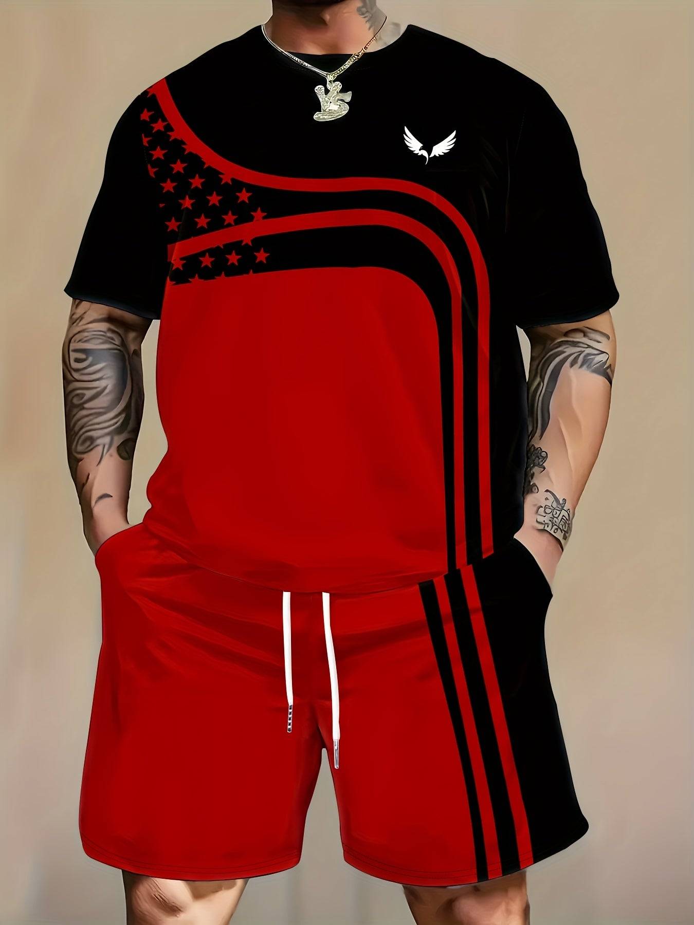 Men’s Quick-Dry Summer Set in red and black with star and stripe design, featuring a short-sleeved top and drawstring shorts for active wear.