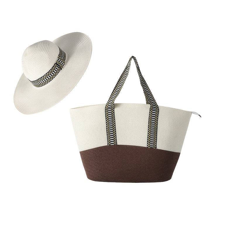 Flat lay of cream and brown 2pcs Summer Travel Set with wide brim straw hat and large beach bag, ideal for vacation packing.