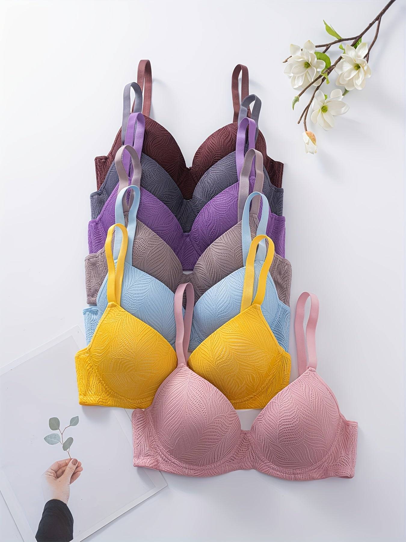 7-Pack Women's Push Up Bras – Comfortable Everyday Lingerie with Underwire Support, Lace Detail & Non-Removable Padding in Multiple Colors