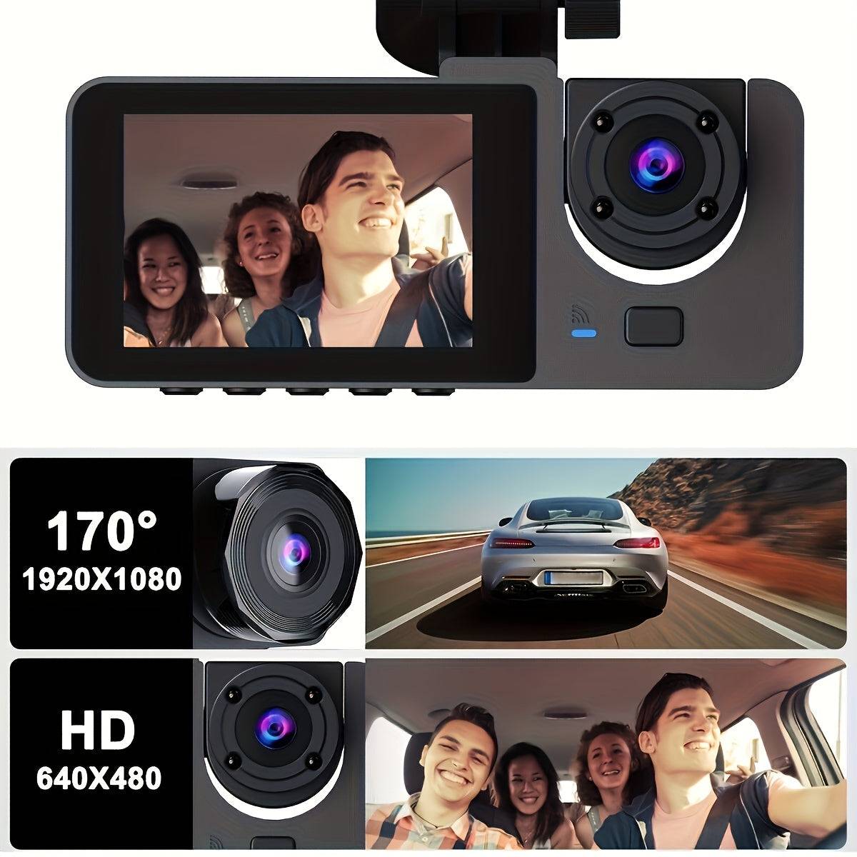 HD Dash Cam for Cars with 170° wide-angle lens, 1920x1080 front camera, and HD interior camera for full vehicle coverage and passenger recording.
