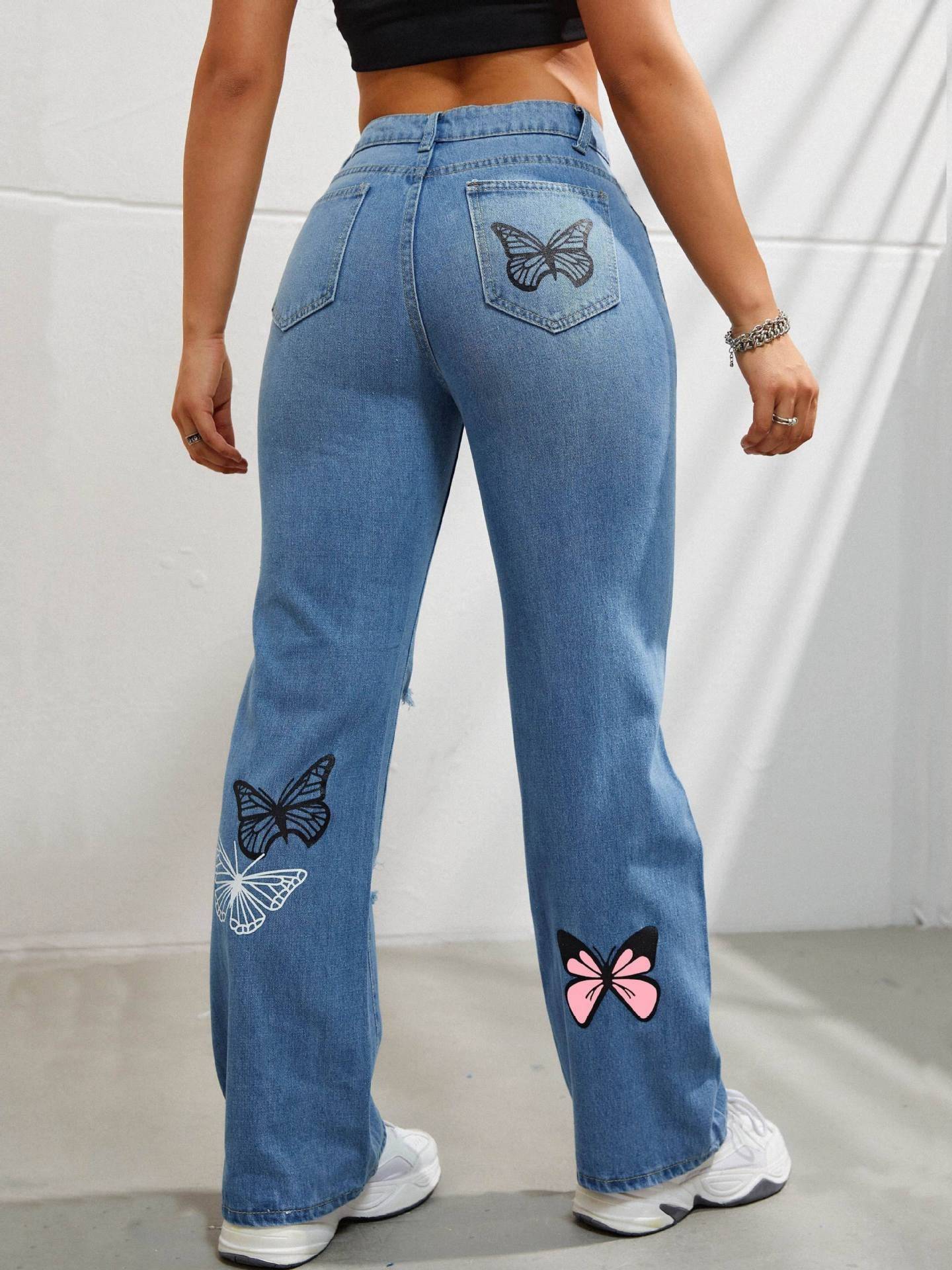 Women’s High-Waisted Contrast Denim Jeans Straight-Leg Cut with Butterfly Print & Ripped Details
