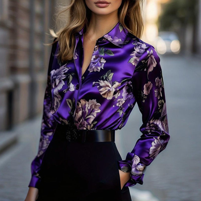 Elegant Satin Shirt with Lapel Collar and Tapered Waist
