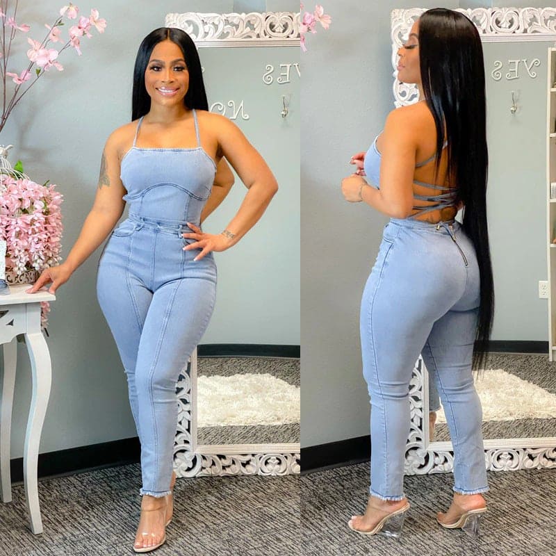 Casual Slim Sexy Backless Bandage Suspenders Denim Jumpsuit - PMMNAPOLES