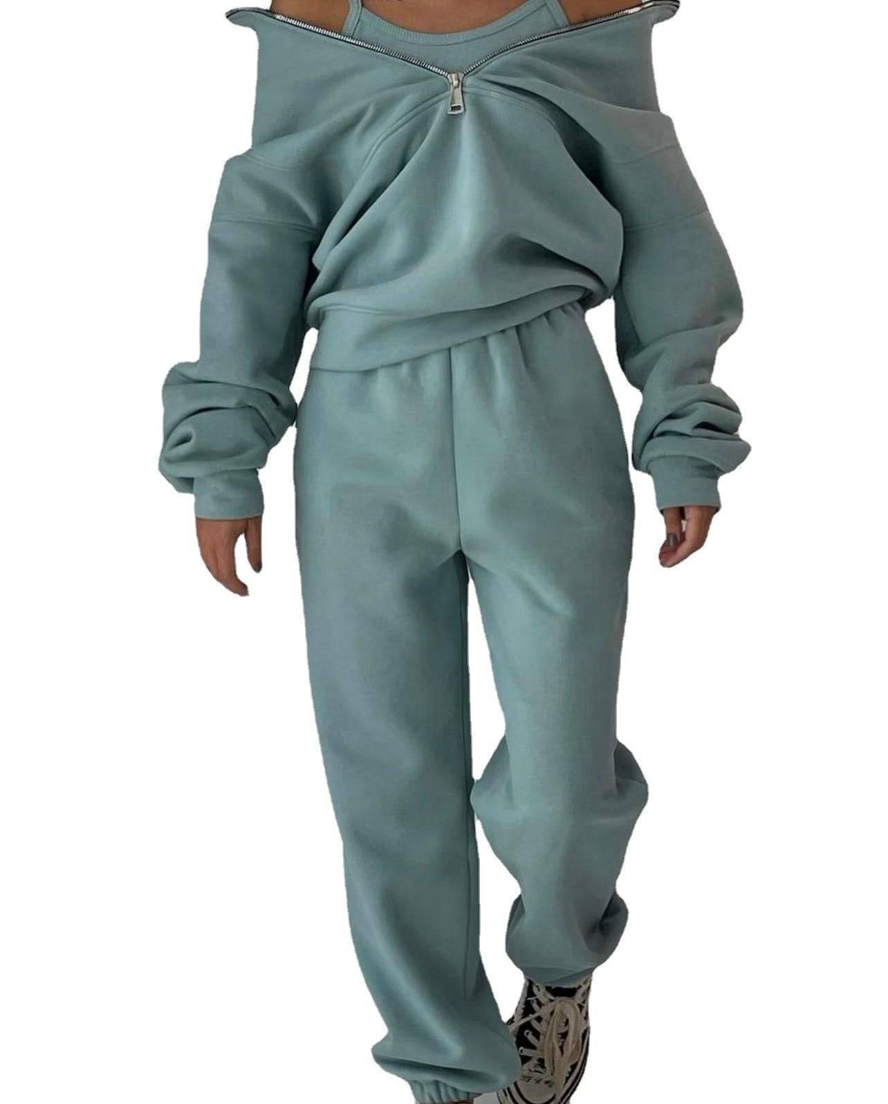 Women Two Piece Set Fleece Solid Color Casual Suit