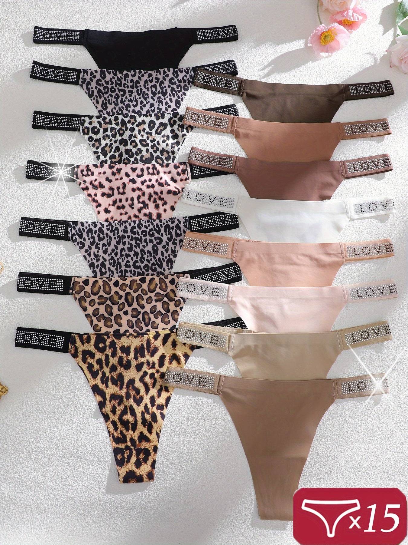 5-Pack Women's Ice Silk Thongs, Leopard Print and Solid Color Low-Rise V-String Panties with Diamond Cut-Outs, Soft and Comfortable