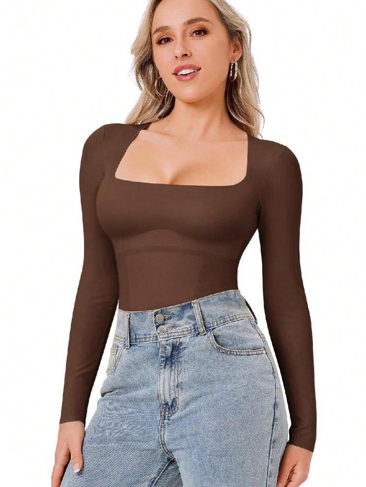 Womens Square Neck Long Sleeve Bodysuit with Tummy Control