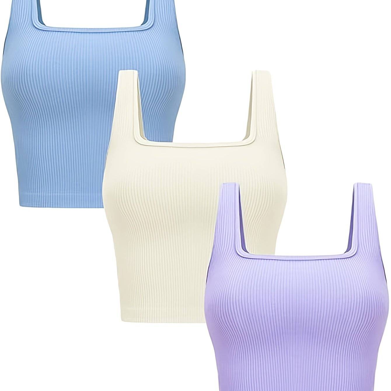 3-Pack Women’s Seamless Ribbed Crop Tank Tops, Square Neck Sleeveless Shirts in Solid Colors, Regular Fit for All-Season Casual Wear
