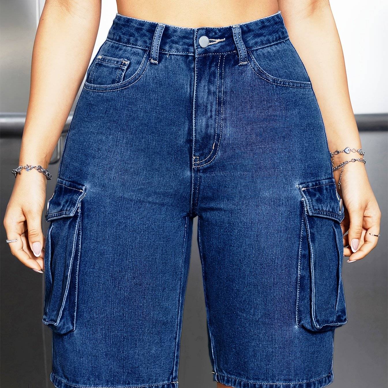 Women’s Denim Cargo Shorts Washed Blue Knee-Length with Flap Pockets Utility Style for Summer