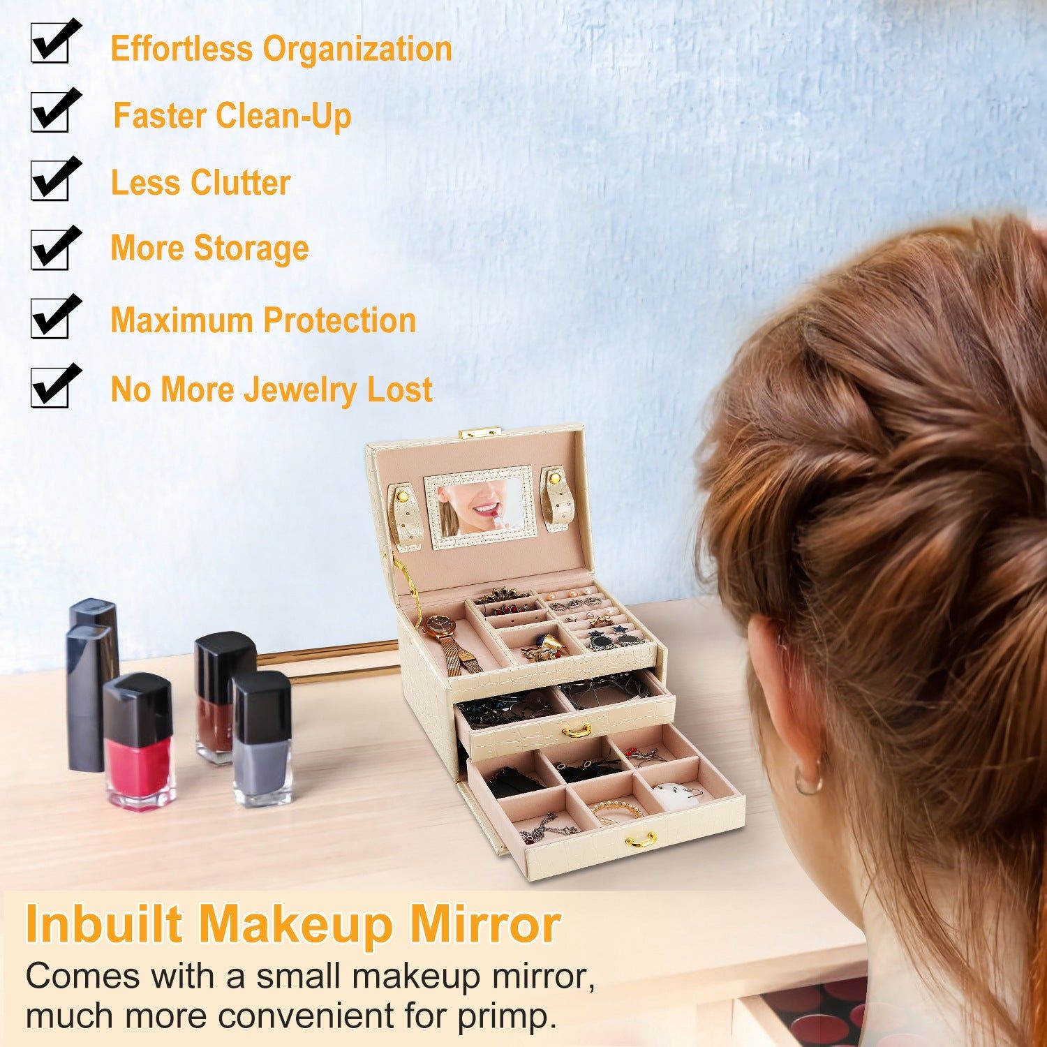 3 Layer Lockable Jewelry Box Organizer with Mirror