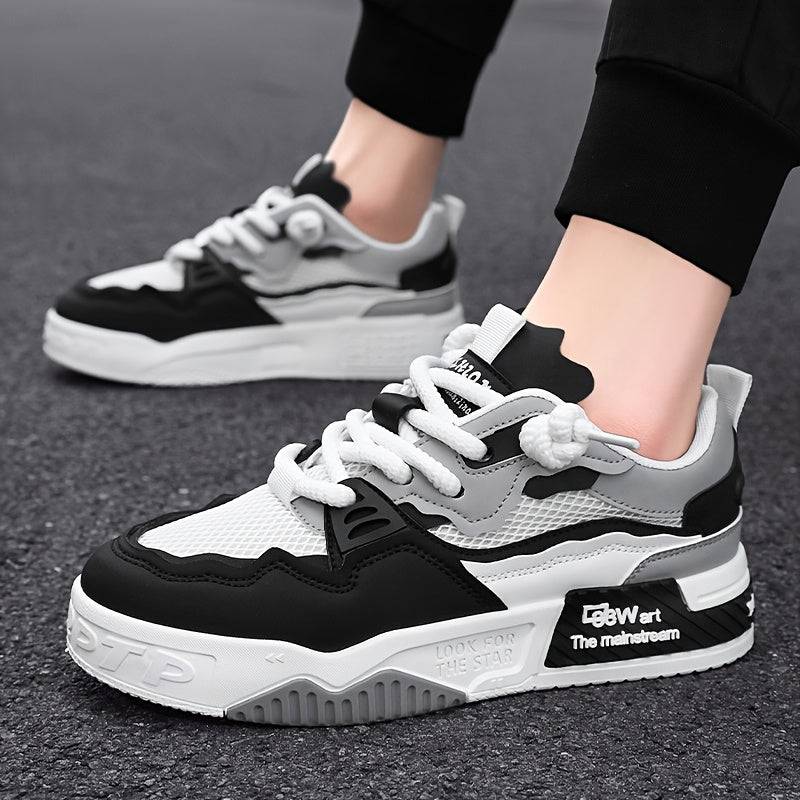 Black and gray men’s training shoes with thick white sole, breathable mesh upper, and cushioned insole for hiking and daily wear.