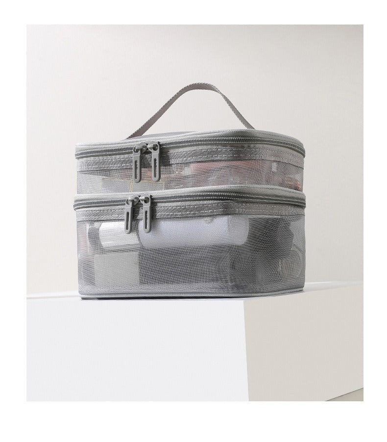 2pcs Travel Toiletry Bags Double Layer Mesh Yarn Portable Large Capacity Cosmetic Storage Organizer Black and Grey