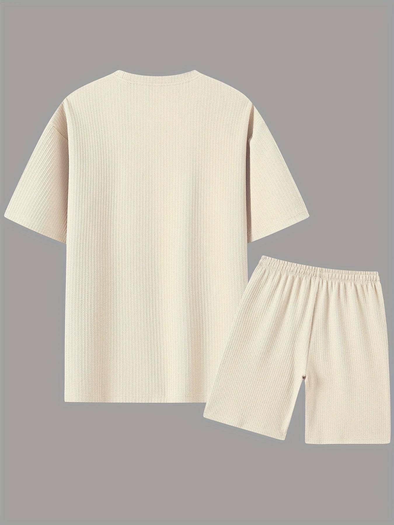 2pcs Men’s Summer Outfit Set – Short-Sleeve T-Shirt & Stretch Shorts in Textured Jacquard Fabric for Casual, Fitness & Beach Wear