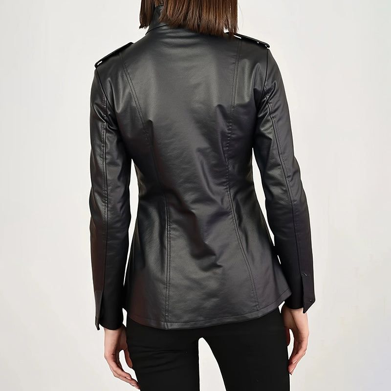 Vintage PU Leather Jacket with Stand Collar and Longline Fit
