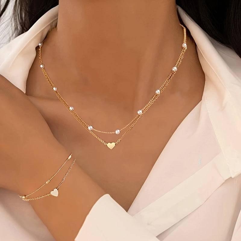 3-Piece Heart Jewelry Set with Necklace and Bracelet, Unisex Imitation Jewelry for Daily Wear, Dating and Vacation Gifts