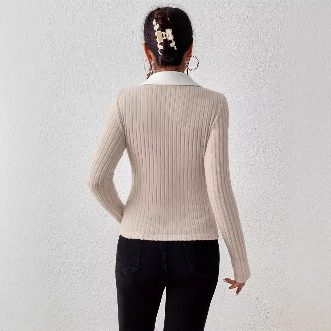 Womens Fitted V Lapel Long Sleeve Pullover Sweater Apricot