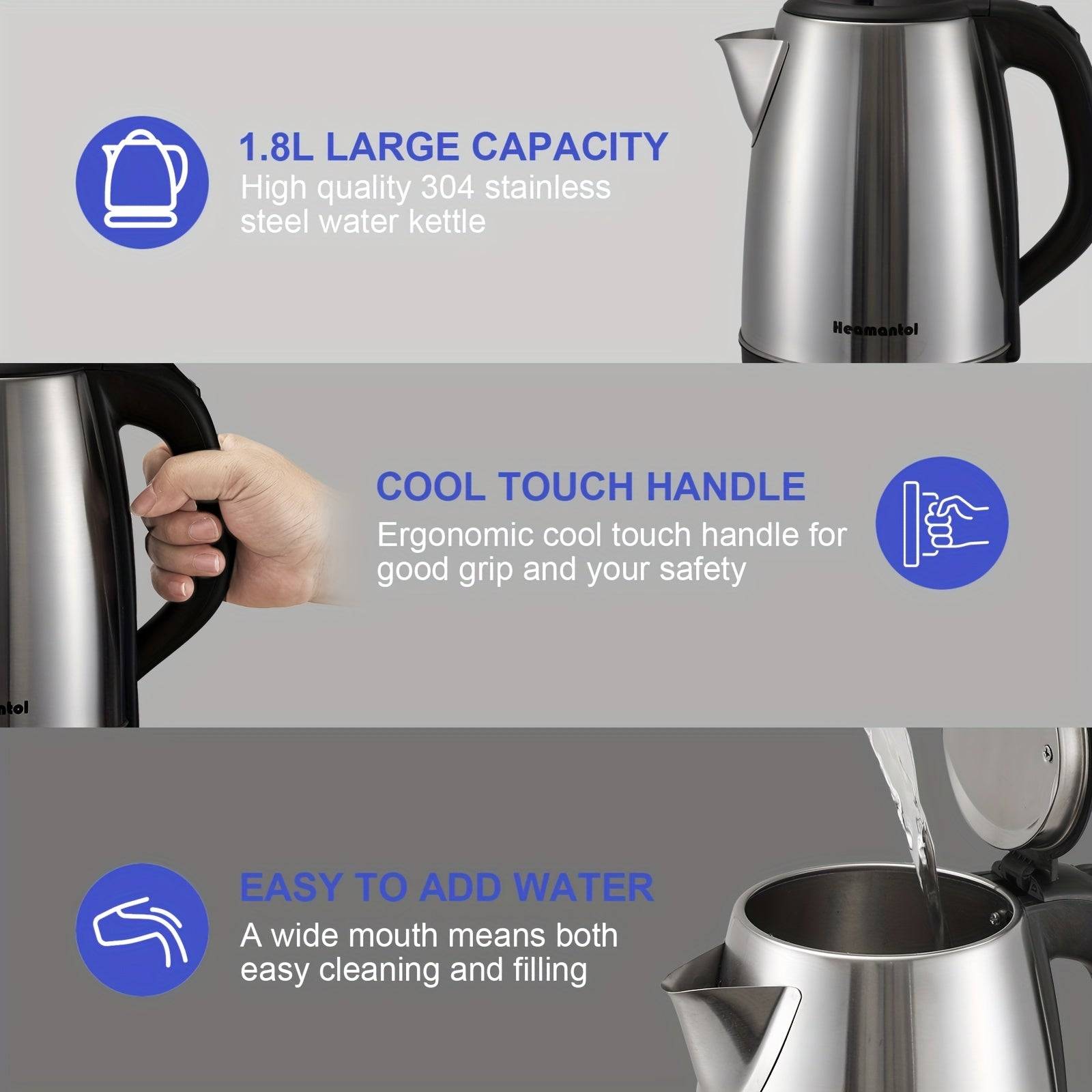 1.8L Electric Kettle – Stainless Steel Double Wall Hot Water Boiler with Auto Shut Off, Boil-Dry Protection, LED Indicator & BPA-Free Cordless Base