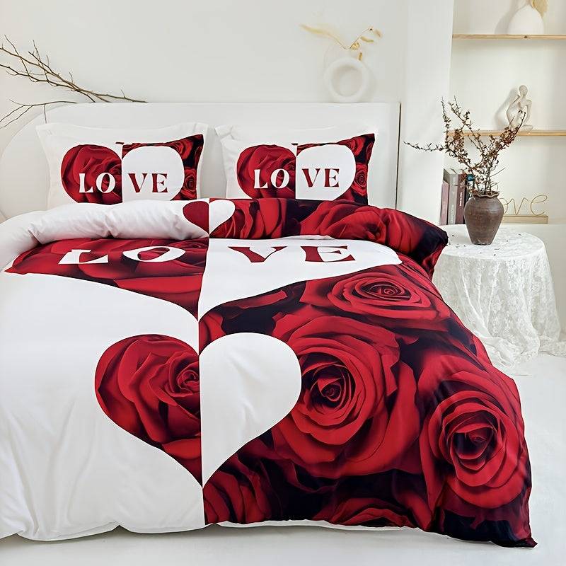3-Piece Red & White Love Heart Duvet Cover Set – Romantic Digital Print Bedding for Bedroom Decor & Mother’s Day Gift
