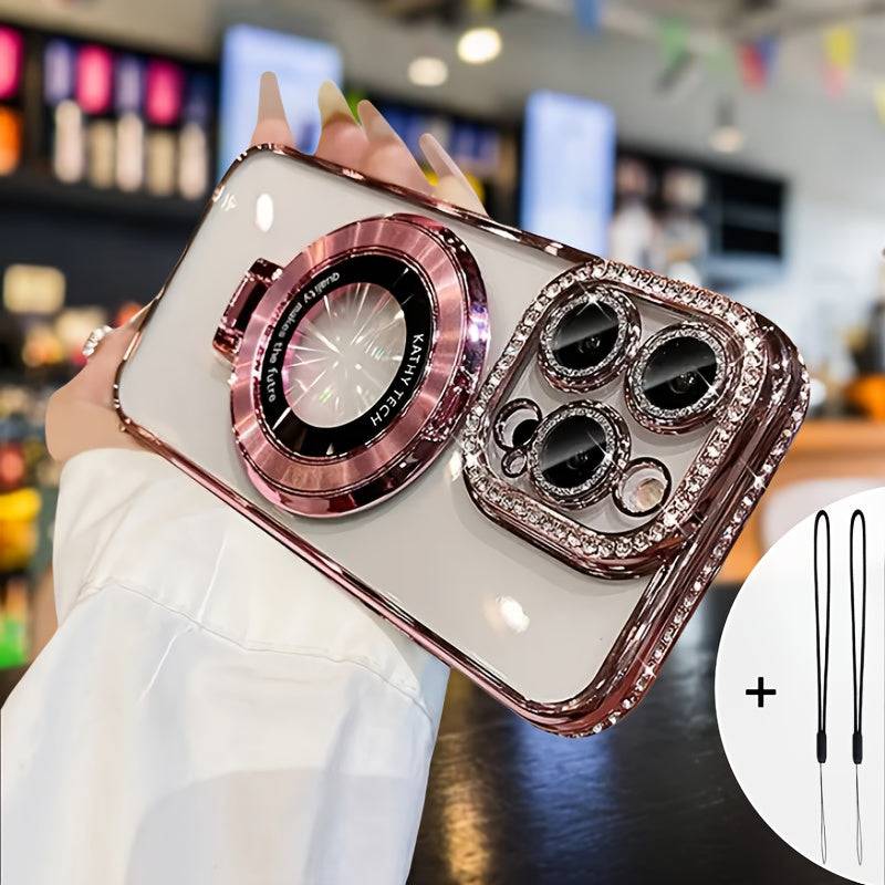 Luxury Magnetic iPhone Case with Diamond Frame – Lens Film, Stand Support & Dual Lanyards, Shockproof Cover for iPhone 14 to 16 Plus, Pro & Pro Max