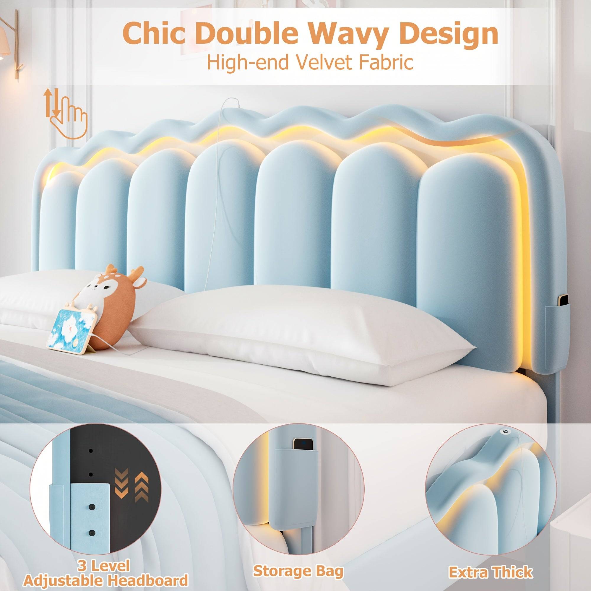 King Size Upholstered Platform Bed with Storage Drawers, Adjustable Headboard, Hardwood Frame, Modern Light Blue Design