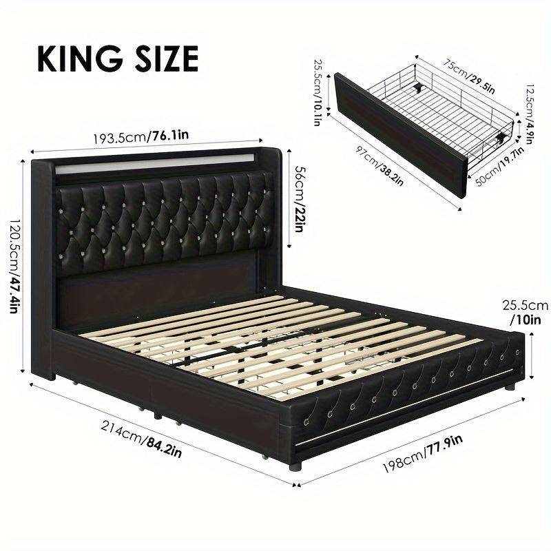 FULTRU Bed Frame with 4 Storage Drawers, LED Velvet Platform with USB Ports and Tufted Wingback Headboard