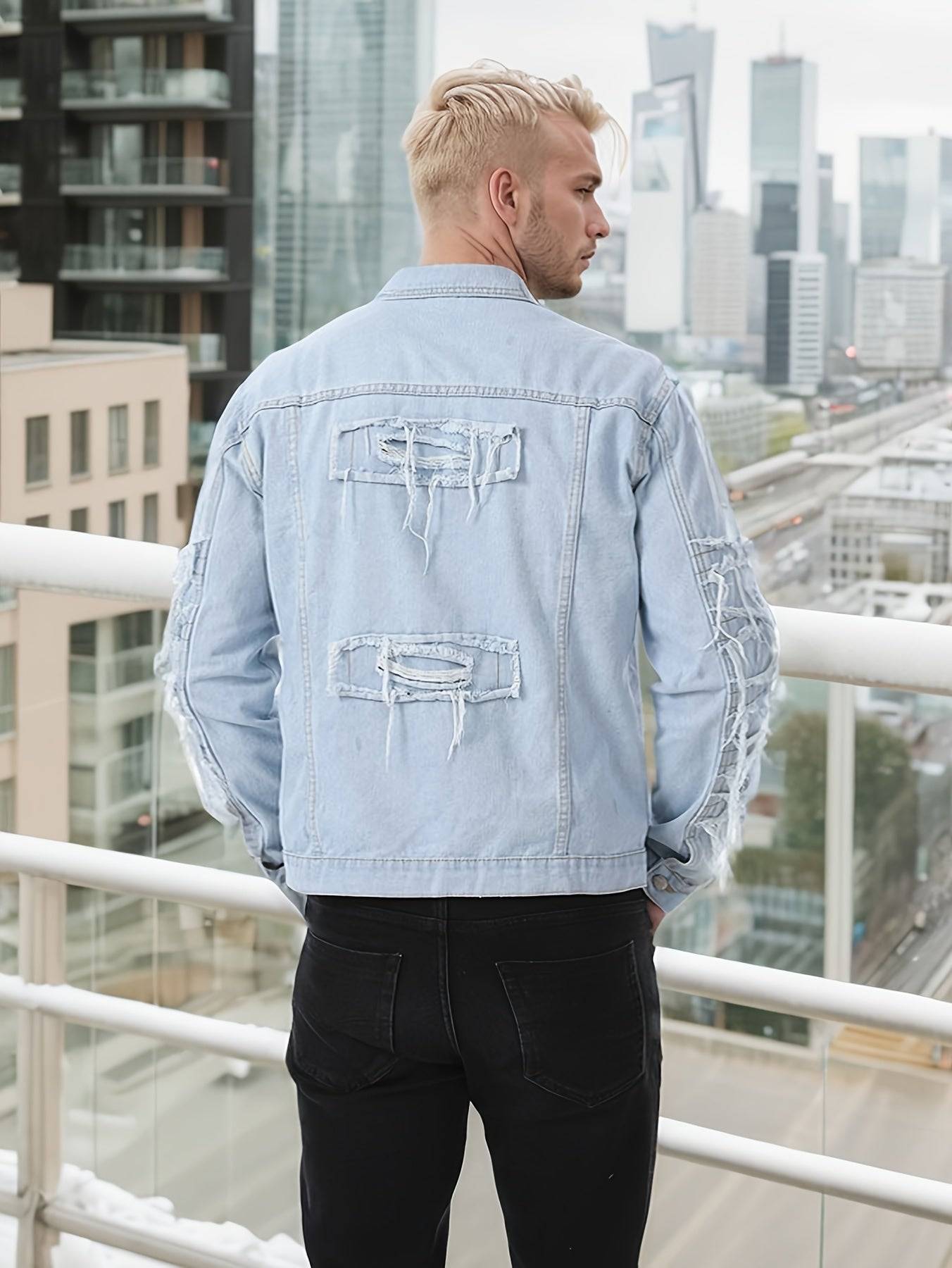 Men’s Ripped Denim Jacket Slim Fit Blue Jean Outerwear Casual Streetwear Coat