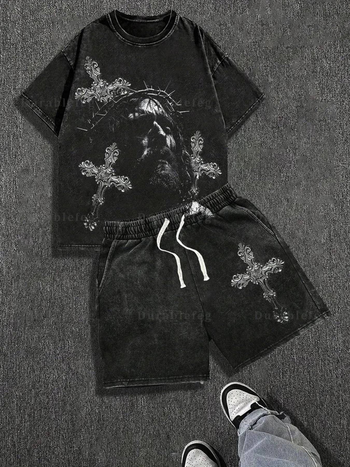 Men’s Washed Cotton T-Shirt & Shorts Set – Cross Print Summer Outfit for Outdoor Sports & Casual Wear