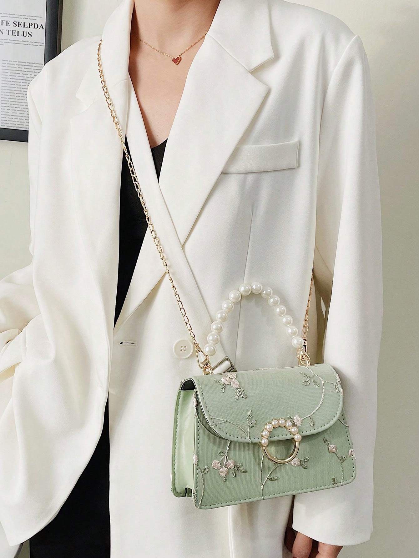 Women’s Small Square Bag with Pearl Handle Embroidered Design and Lace Chain Crossbody Strap