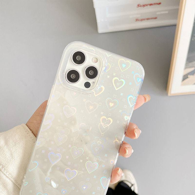 Silicone phone case with laser colorful design and love protection featuring iridescent heart patterns on a clear background for smartphones.