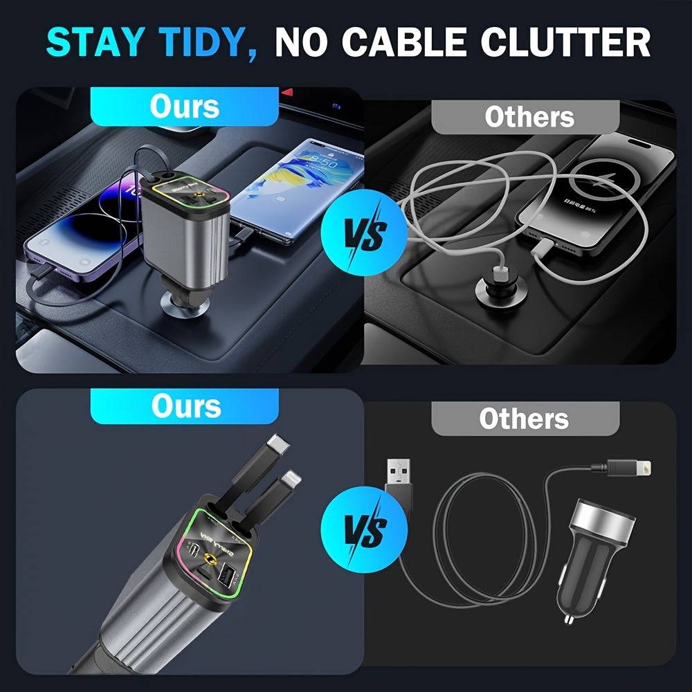 4-in-1 Super Fast Retractable Car Charger with Star Projector Night Light & Atmosphere Lighting for iPhone 15–11 & Android