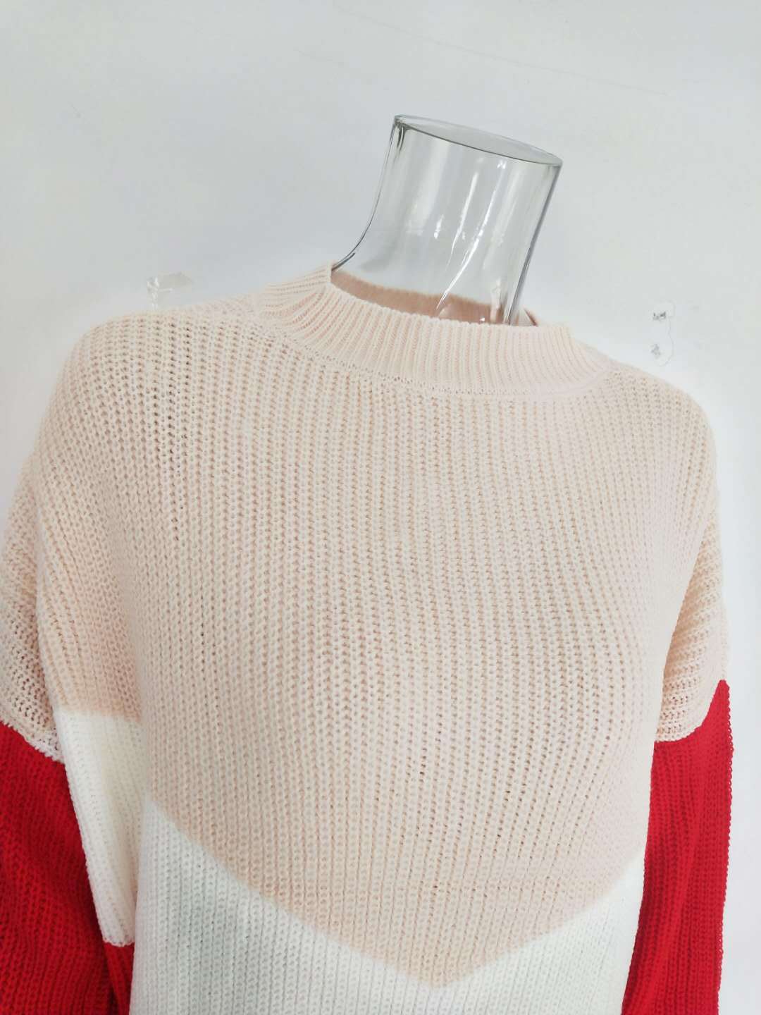 Tricolor Patchwork Knit Sweater Bat Sleeve Pullover