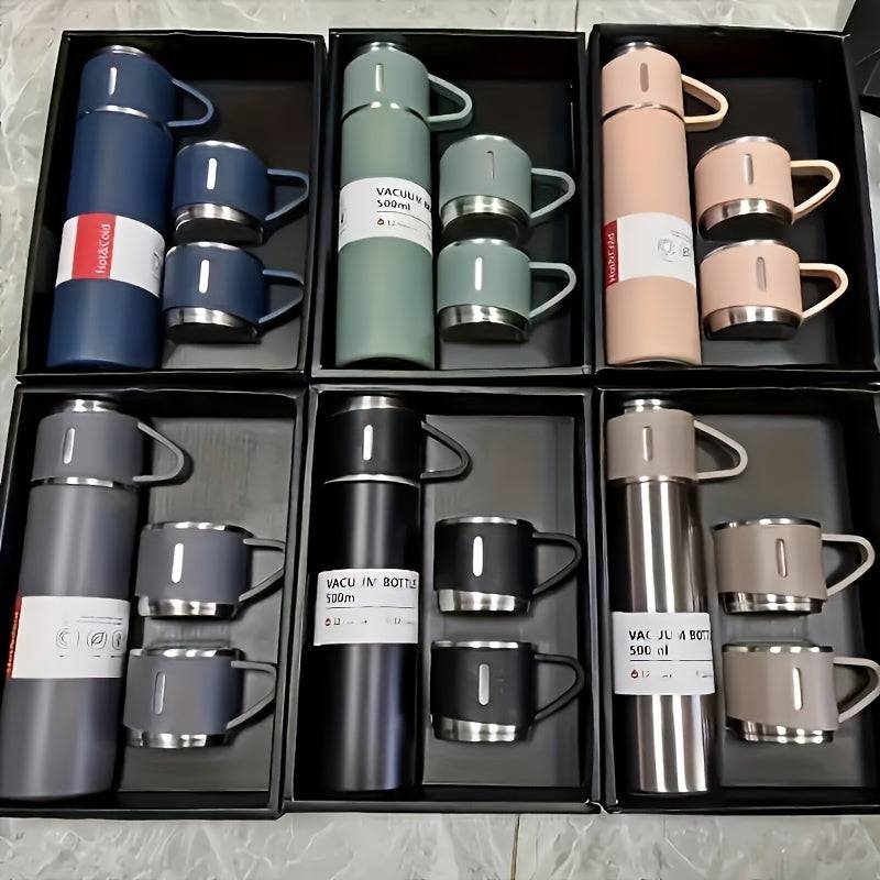 Gift box sets of insulated stainless steel bottles with 500ml flasks and 3 matching cups in various colors, perfect for kitchen or office use.