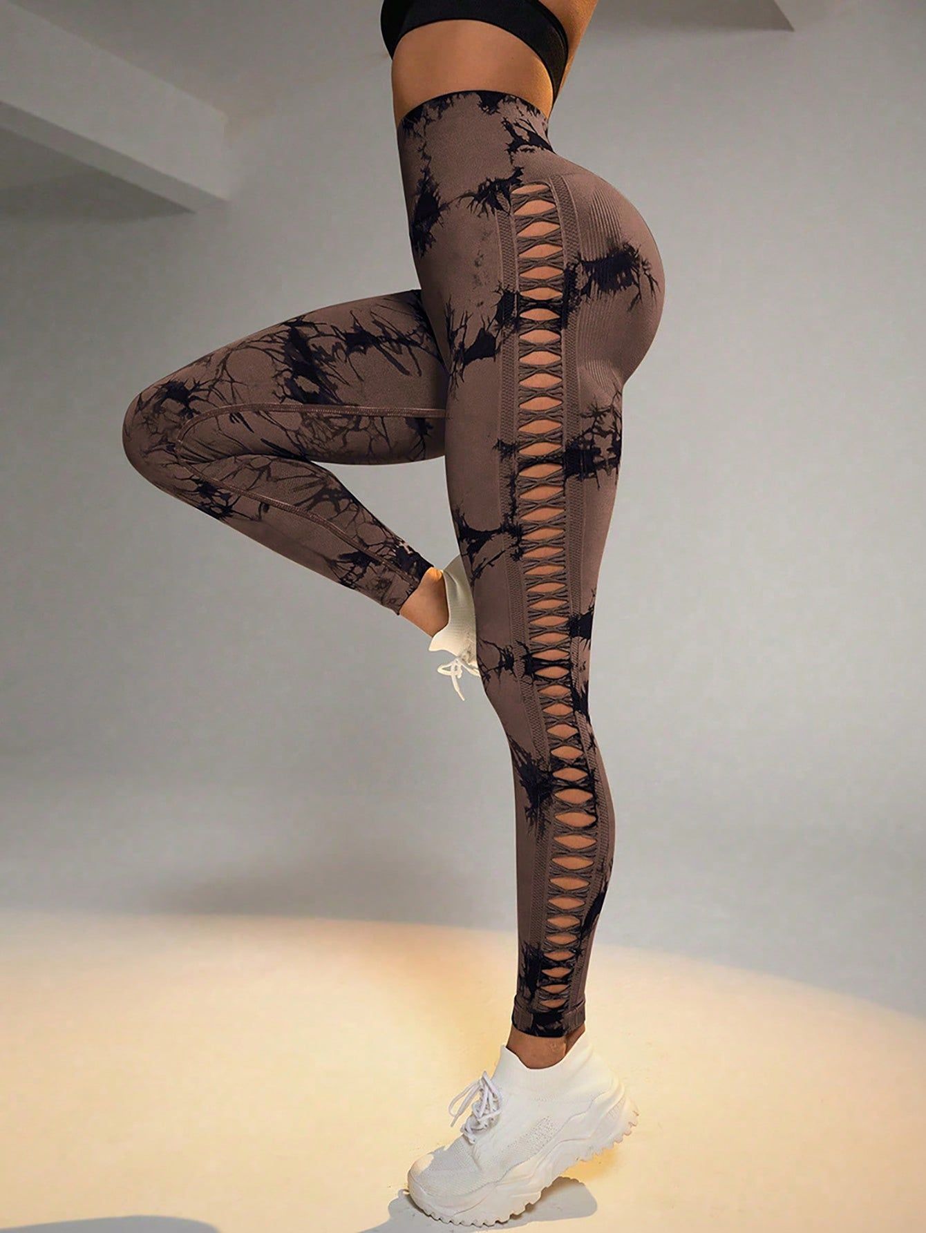 Women’s Tie-Dye High Waist Fitness Leggings Cut-Out Side Hollow Seamless Sports Tights with Hip Lift Design