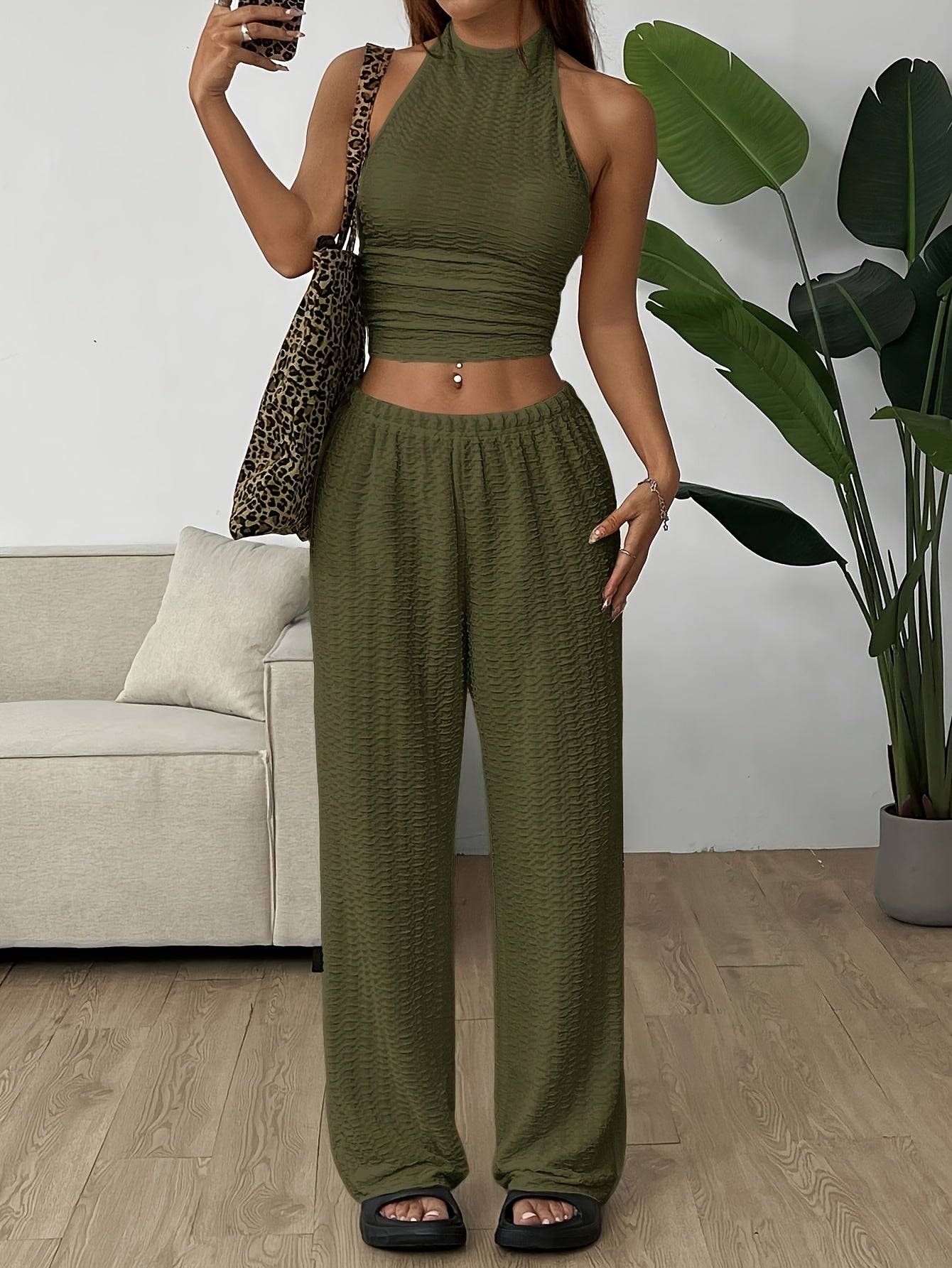 Women’s Casual Halter Top & Baggy Pants Set – Comfortable 2-Piece Outfit for Daily Commuting & Everyday Wear