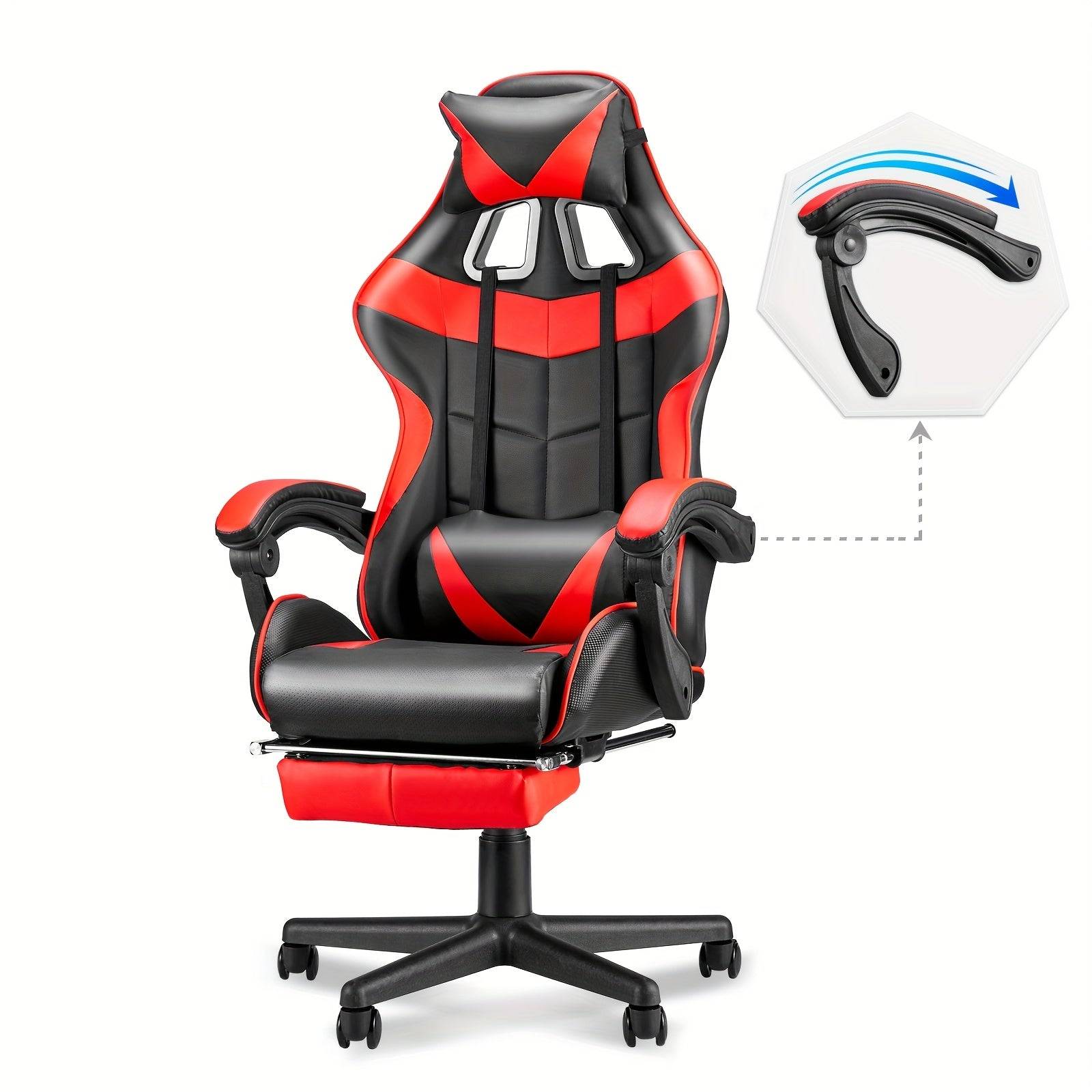 Red ergonomic gaming chair with massage, adjustable headrest, lumbar support, and reclining armrest for gaming comfort.