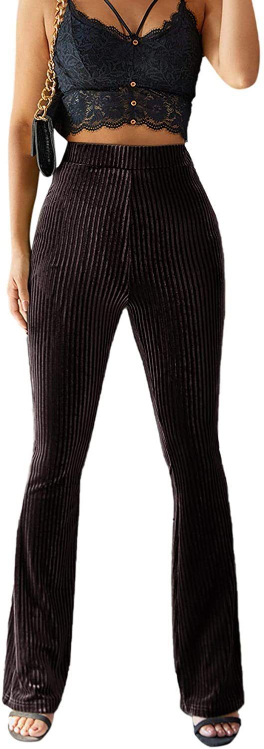 Women’s High Waist Flare Pants Gold Velvet Ribbed Striped Solid Color Slim Fit Trousers