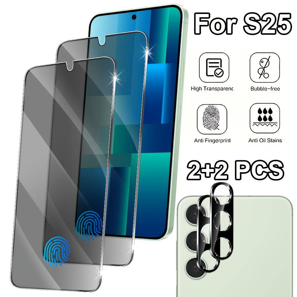 2+2 Pack Privacy Tempered Glass Screen Protectors for Samsung Galaxy S10–S25 and Note10/20 Series, 3D Full Coverage, Scratch-Resistant, Fingerprint Unlock