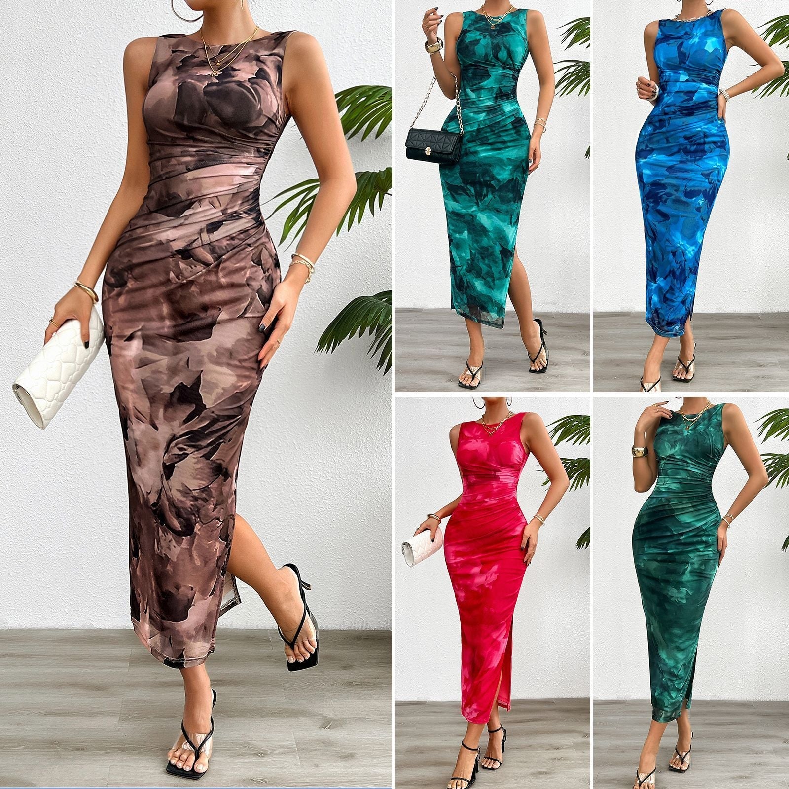 Women’s Elegant Sleeveless Mesh Dress Slim Fit Transparent Overlay Evening Party Midi Dress