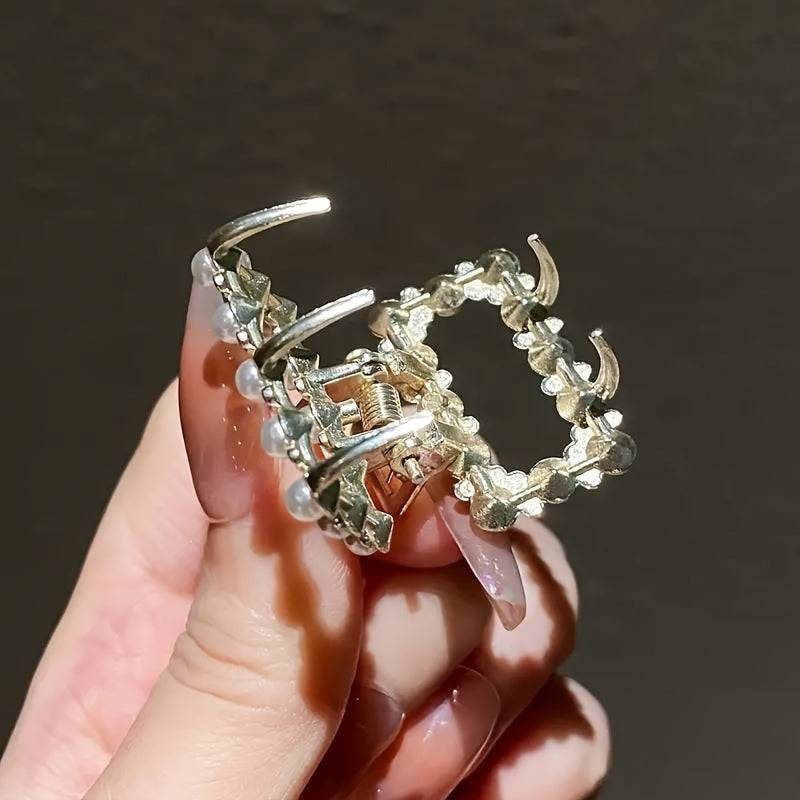 Women's 5-Piece Boho Hair Claw Clip Set, Small Alloy Clips with Faux Pearls and Rhinestones, Non-Slip Strong Grip for Daily Wear and Parties