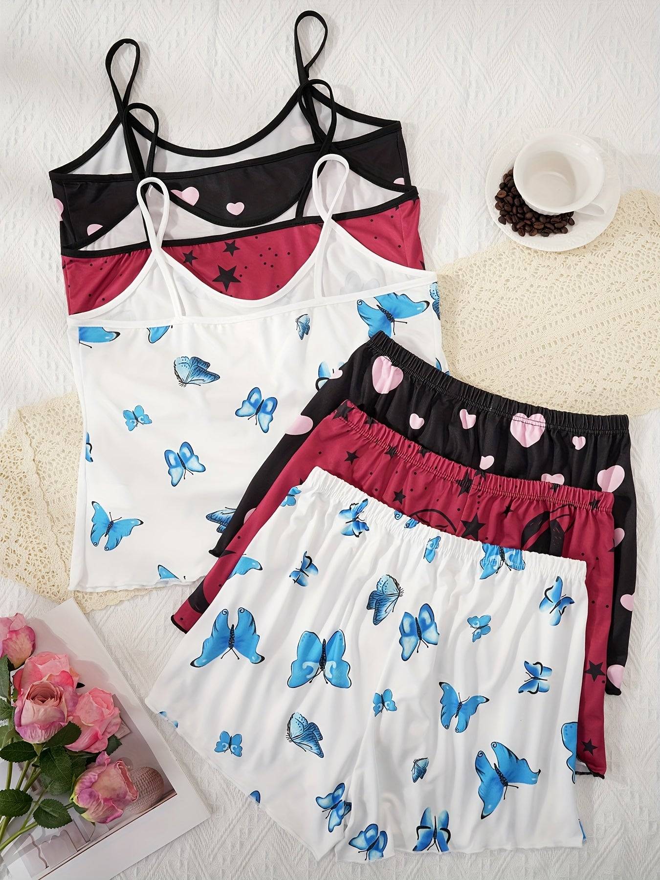 2-Piece Women's Pajama Set – Elegant Spaghetti Strap Top & Shorts in Smooth Polyester, Lightweight Sleepwear for Spring, Summer & Fall