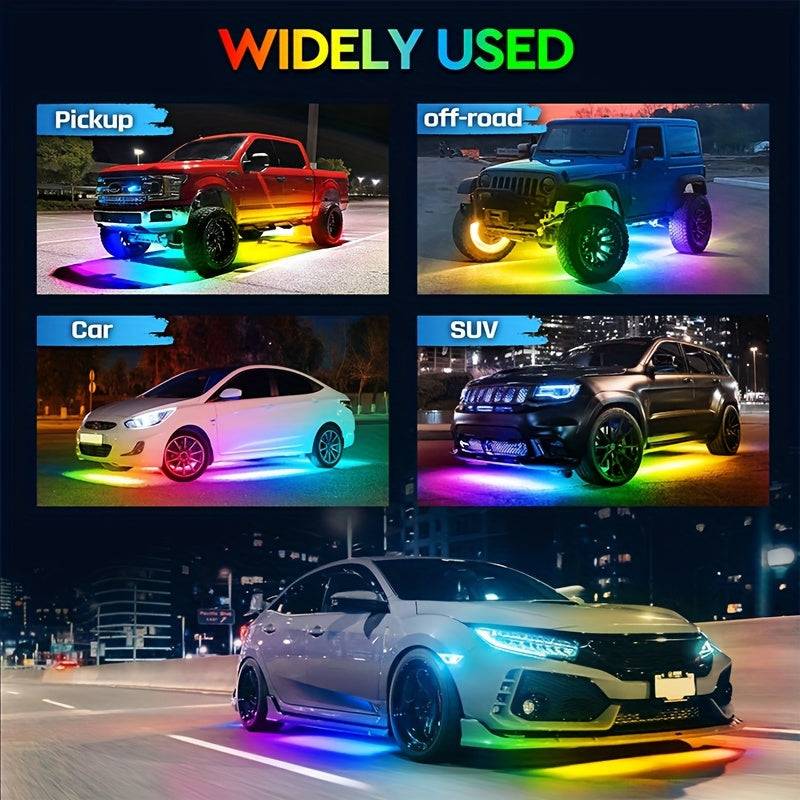 4-Piece RGB Car LED Light Strips Universal Interior Base Lights with APP, Music Mode & Remote Control Decorative Lighting for Travel, Camping & Holidays