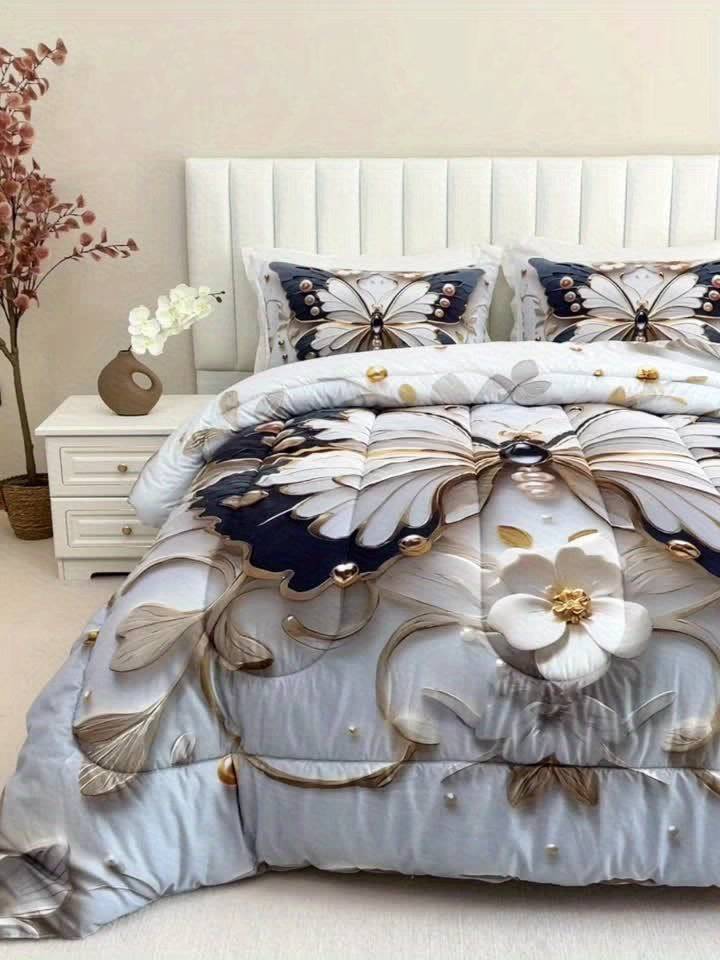 3-Piece Butterfly & Flower Quilt Set – Black & White Digital Print Comforter with Pillowcases