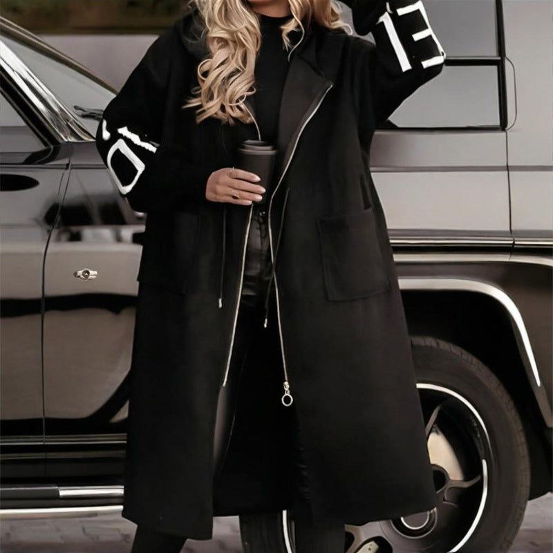 Letter Print Trench Coat with Hood and Zip Front