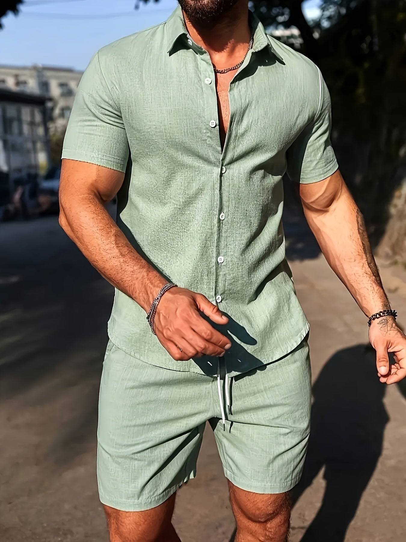 Men’s Short-Sleeve Shirt & Shorts Set, Solid Color Casual 2-Piece Outfit for Summer Holiday & Vacation Wear