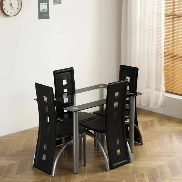 5 Piece Dining Table Set With Tempered Glass For Four