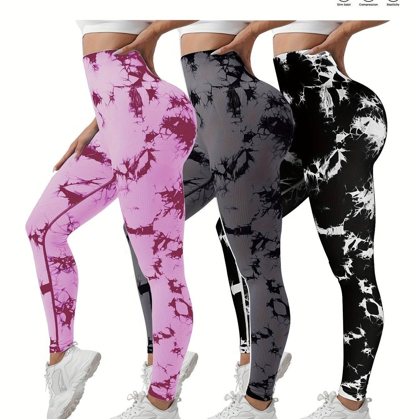 3-pack women’s seamless high-waisted tie-dye leggings, butt-lifting compression fit, multicolor 9/10 sports pants