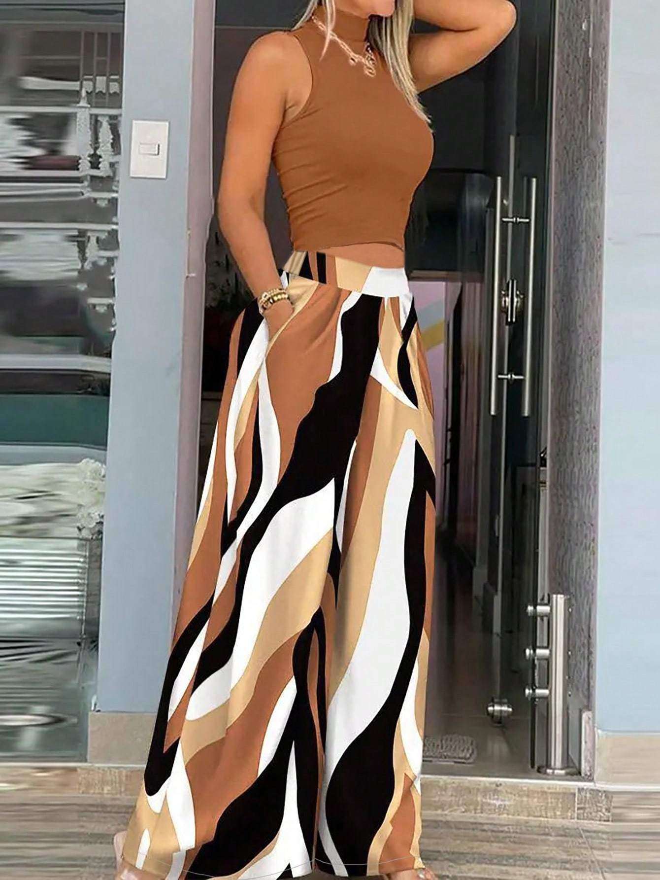 Two Piece Set Woven Round Neck Blouse and Drawstring Pants