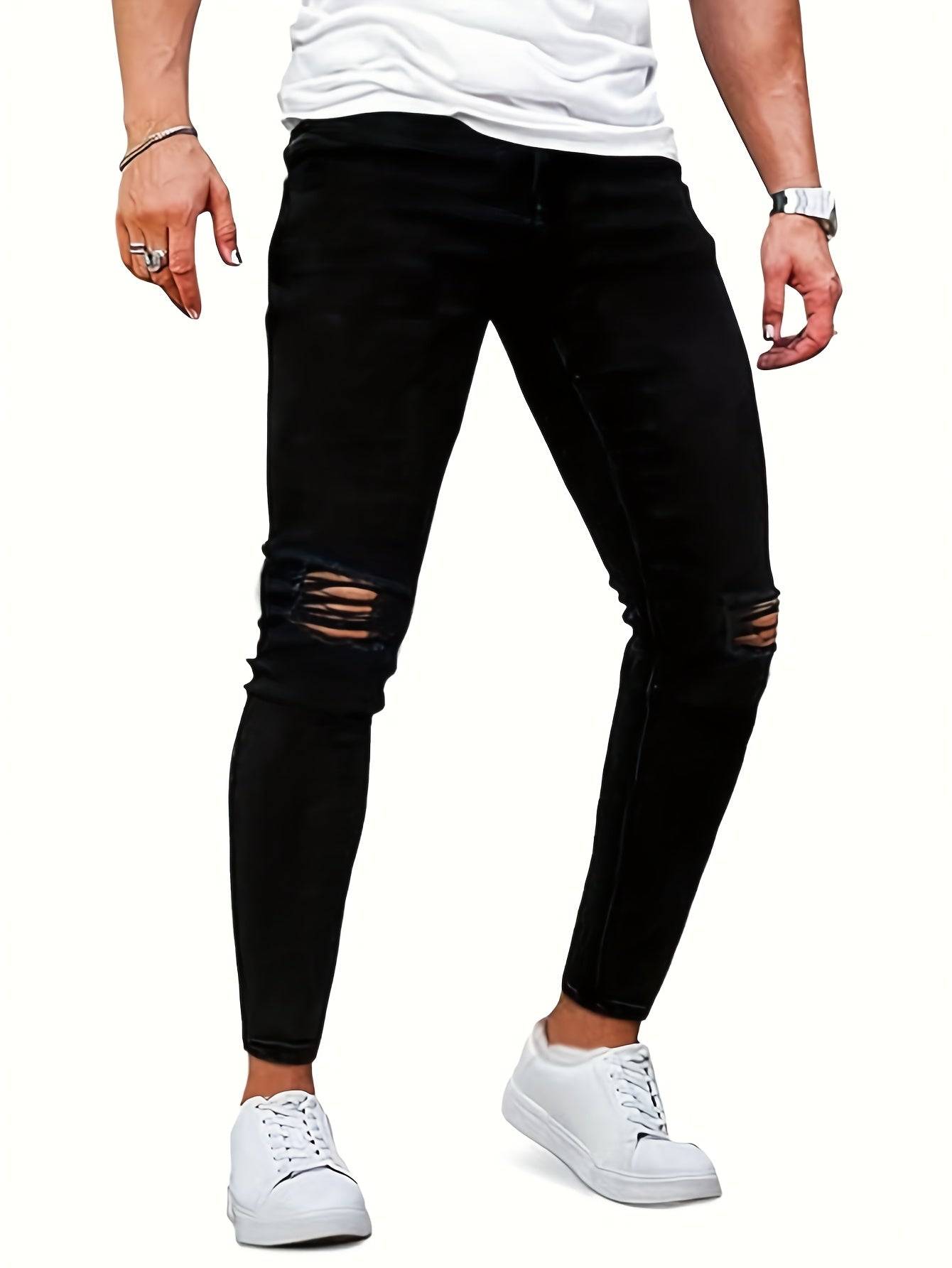 Men’s Stretch Skinny Ripped Jeans – Mid-Rise Distressed Solid Color Denim Pants with Multi-Pocket Workwear Design for Everyday Wear