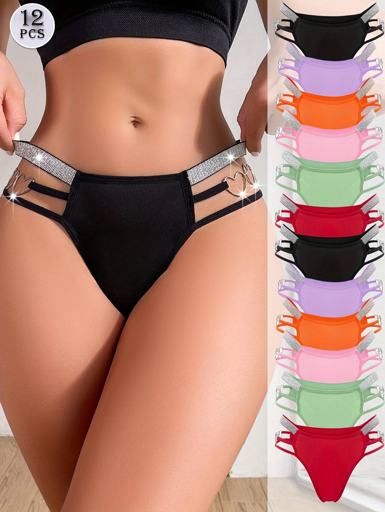 12-Pack Low-Rise Thongs with Chain Waist & Heart Cutouts – Soft, Breathable & Vibrant Underwear for Women