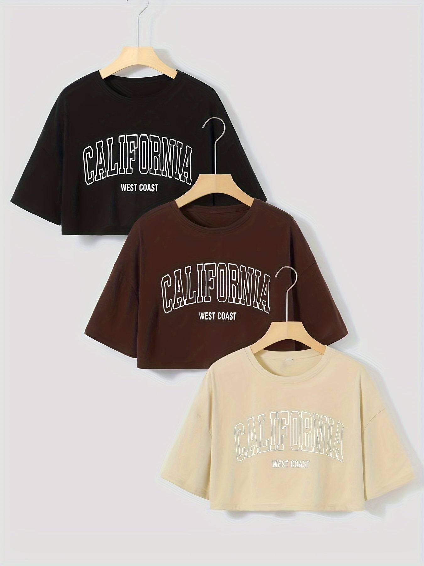 3-Pack Women’s Graphic Crop Tops California West Coast Print Tees with Round Neck & Short Sleeves