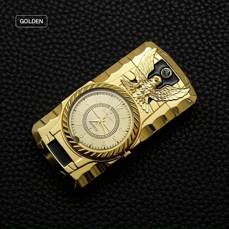 Retro Watch-Style Torch Lighter Windproof Refillable Metal Butane with Compass & Roman Numerals Golden Green Accents for Outdoor Use